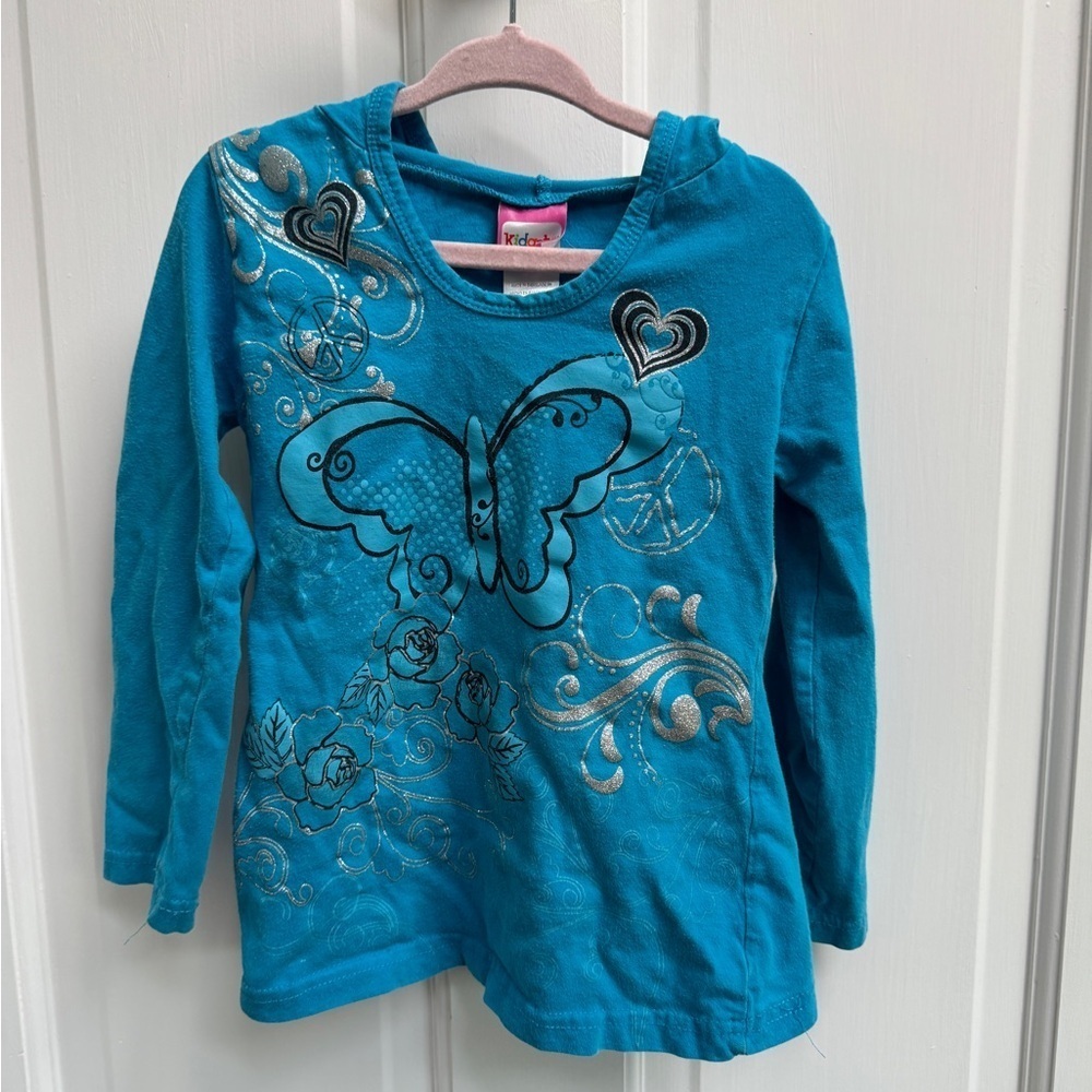 Kidgets 4T Girls Blue Long Sleeve Top Light Hoodie with Butterfly Heart Design